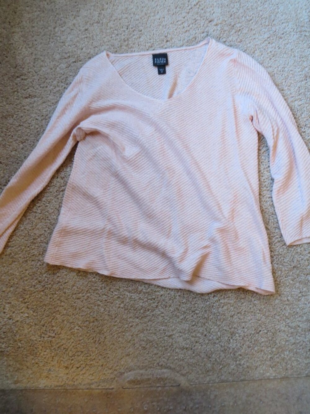 Eileen Fisher Top 100% Organic Linen Pink Long Sleeve Diagonally Ribbed Size=PP